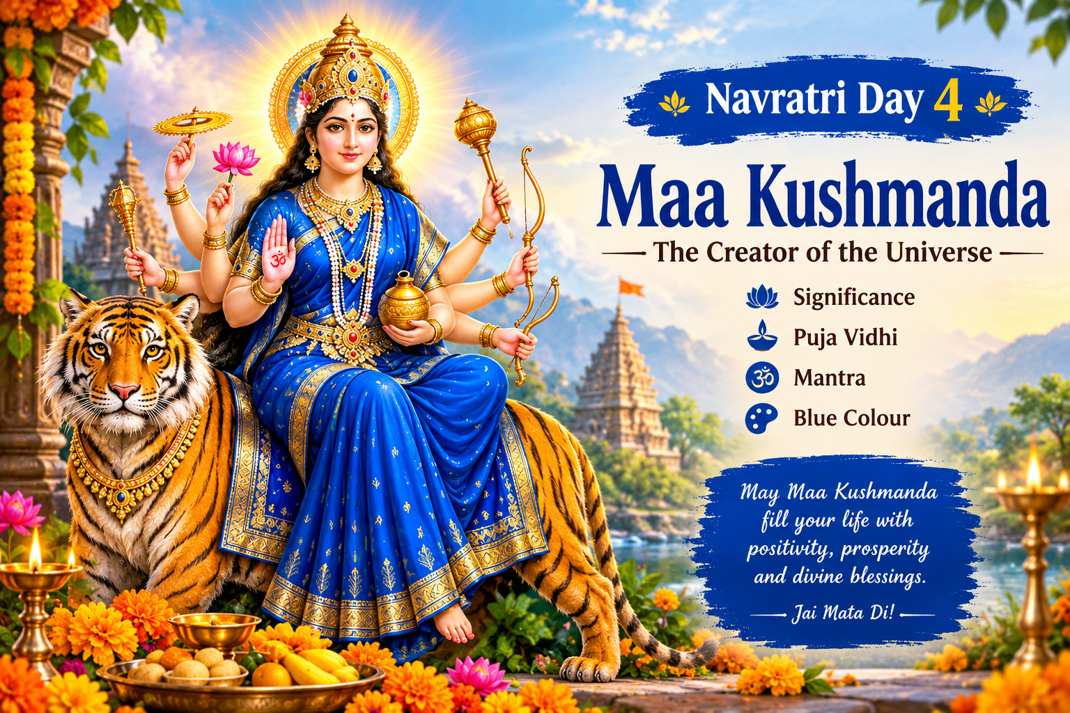 नवरात्रीचा चौथा दिवस: आई कूष्मांडा देवीची पूजा, महत्त्व, मंत्र आणि शुभ रंग
