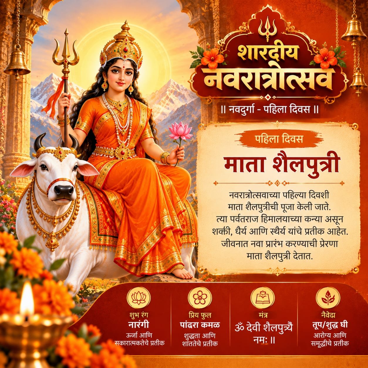 नवरात्रीचा पहिला दिवस: माँ शैलपुत्री पूजा, महत्त्व, मंत्र आणि ऑरेंज रंगाचे महत्त्व