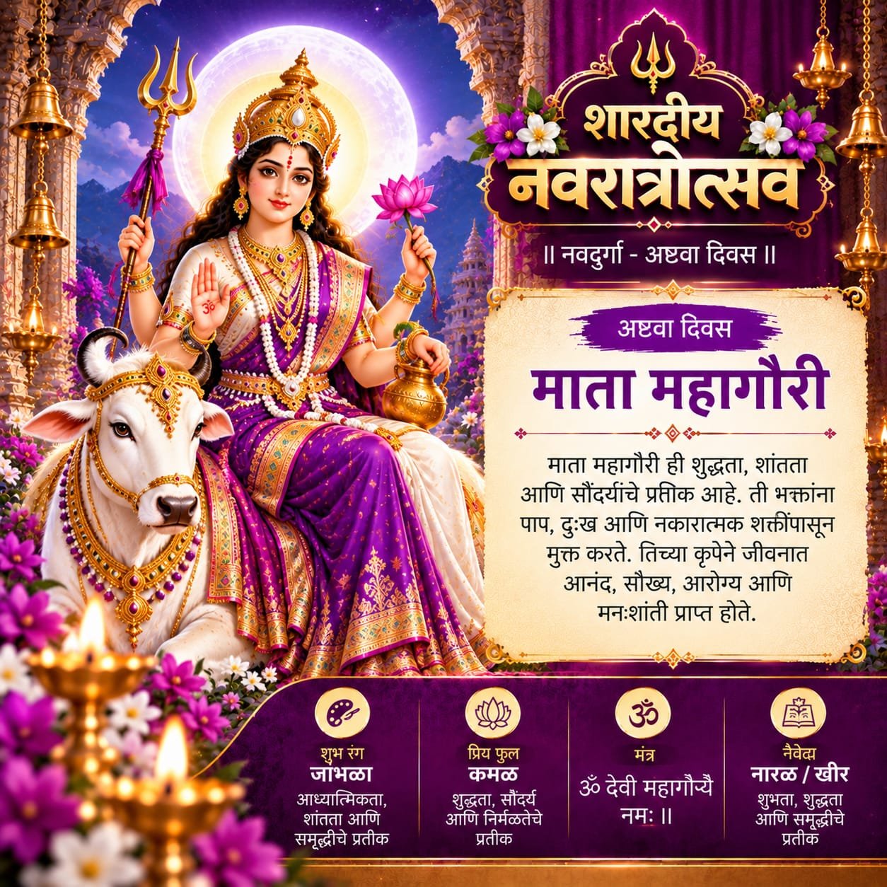 नवरात्रीचा आठवा दिवस – माँ महागौरी पूजा, महत्त्व, मंत्र आणि आजचा रंग