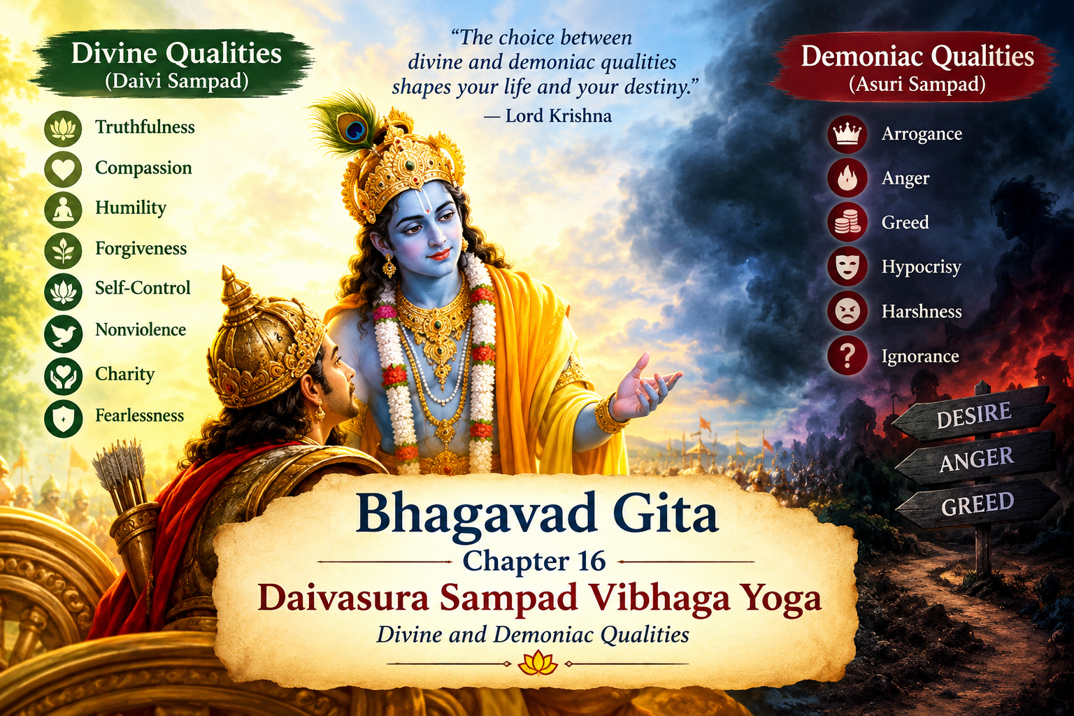 📖भगवद्गीतेचा अध्याय: १६ — दैवासुरसम्पद्विभागयोग (The Yoga of Divine and Demoniac Qualities) 🙏