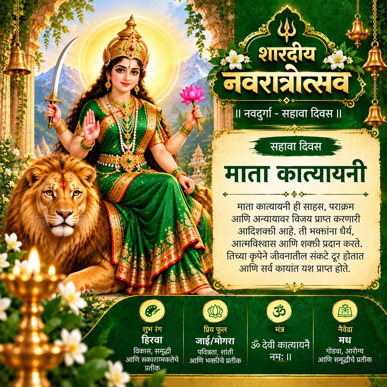 💚 नवरात्रीचा सहावा दिवस – माँ कात्यायनी देवीची पूजा, कथा, मंत्र आणि हिरव्या रंगाचे महत्त्व