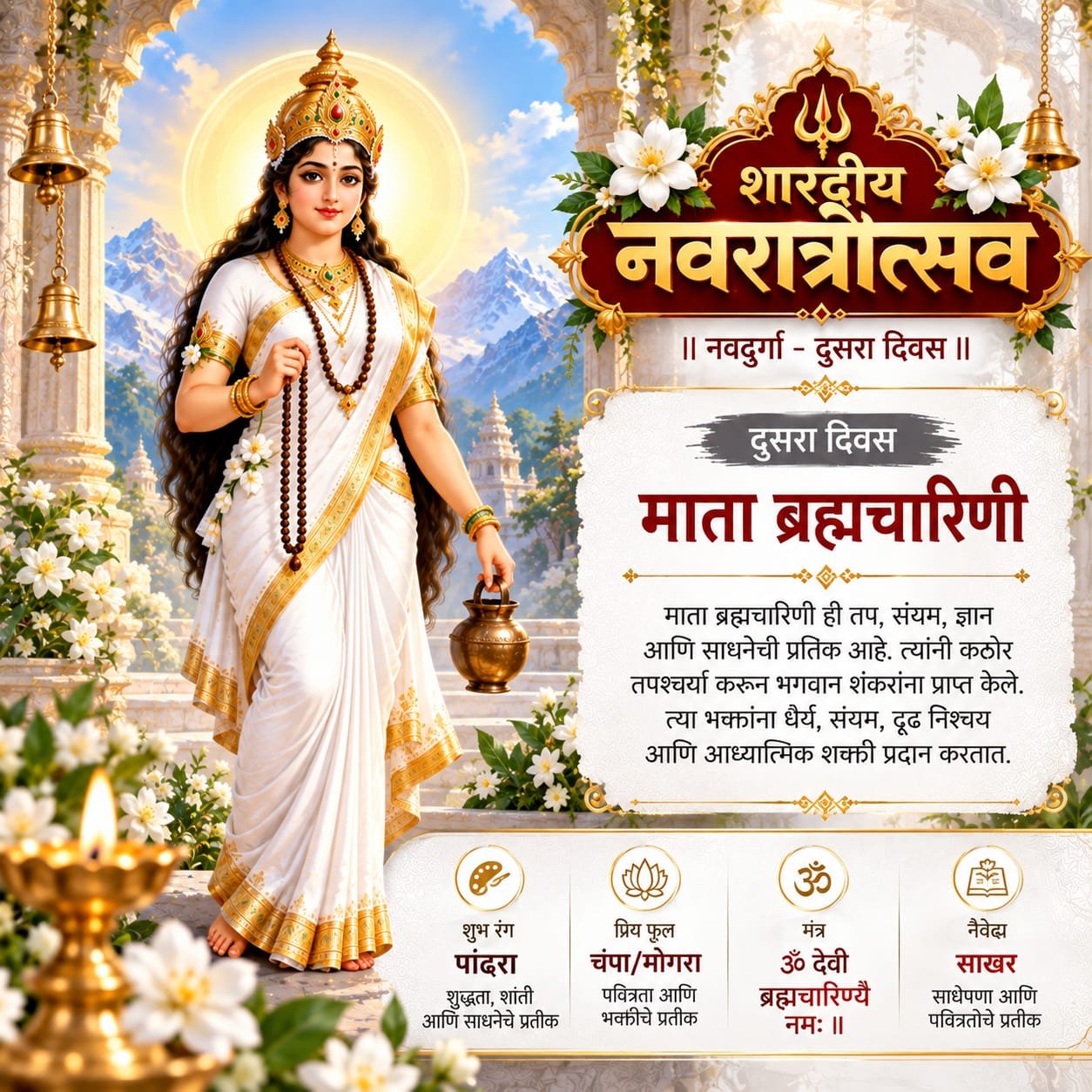नवरात्रीचा दुसरा दिवस: माँ ब्रह्मचारिणी पूजा, महत्त्व, मंत्र आणि पांढऱ्या रंगाचे महत्त्व