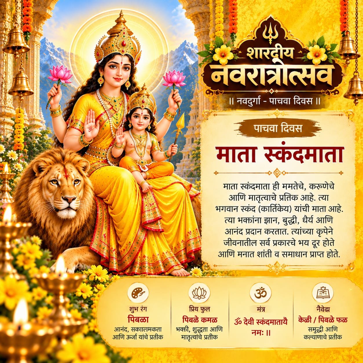 नवरात्रीचा पाचवा दिवस: माँ स्कंदमाता पूजा, मंत्र, महत्त्व आणि पिवळ्या रंगाचे महत्त्व