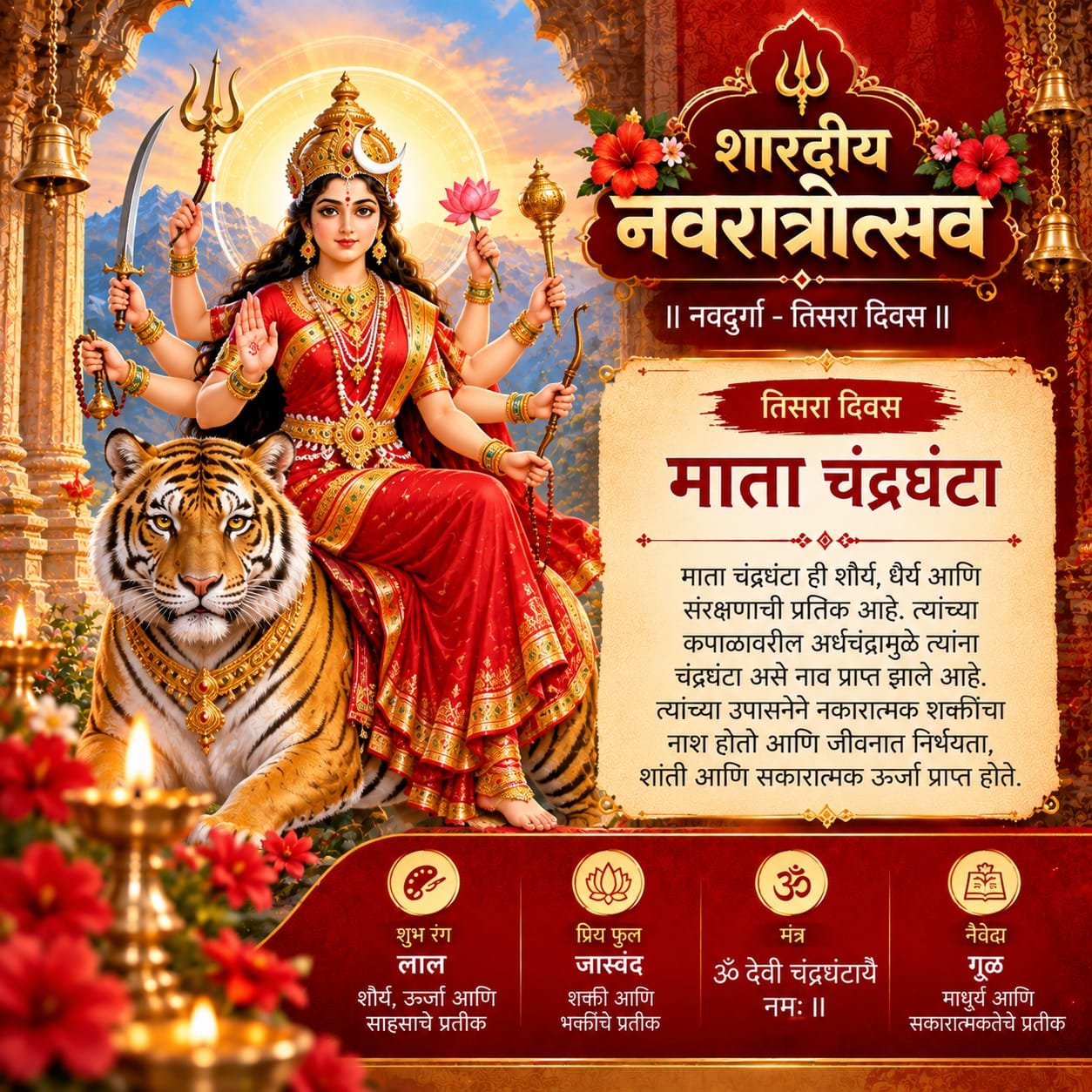 नवरात्रीचा तिसरा दिवस: माँ चंद्रघंटा पूजा, मंत्र, महत्त्व आणि रंग